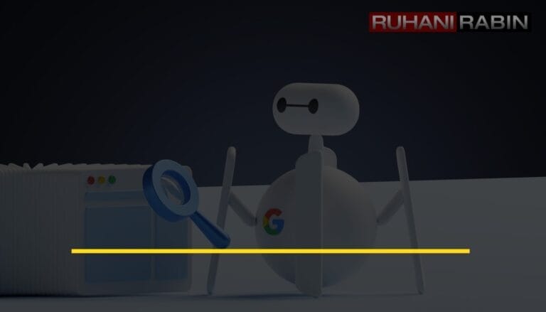 Robot with Google logo uses magnifying glass near a web browser, showing best SEO methods; RUHANI RABIN appears in top right corner.