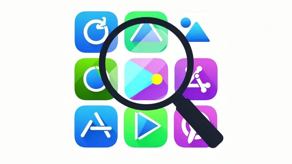 App store icons under a magnifying glass, illustrating app store optimization (ASO).