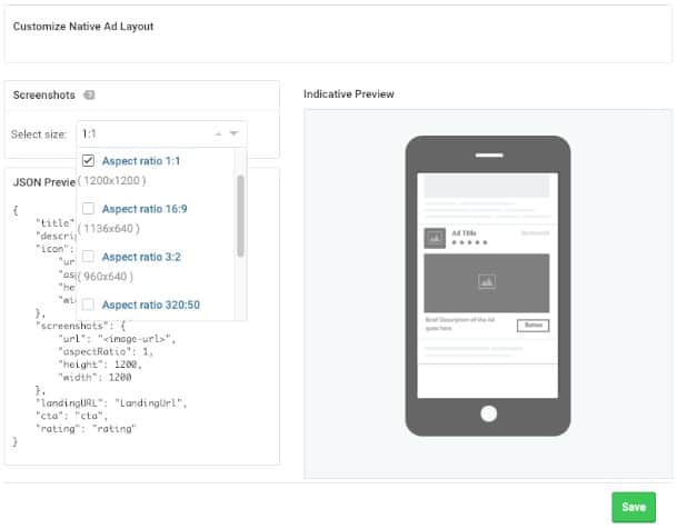 While customizing the layout, a Native Content Ad provides 4 ratios on the admin panel to select from.