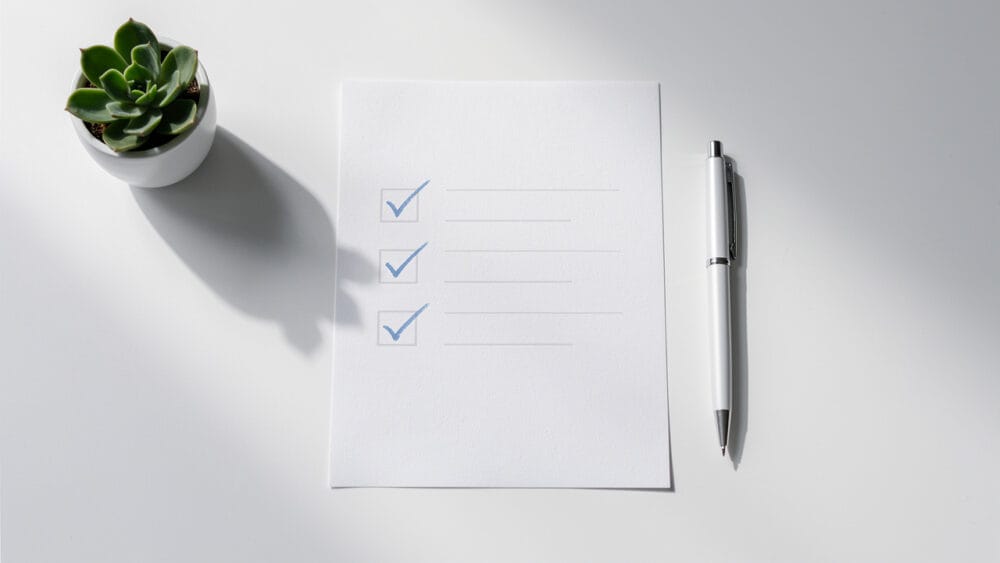 Checklist with three items checked off, pen, and succulent on white background.