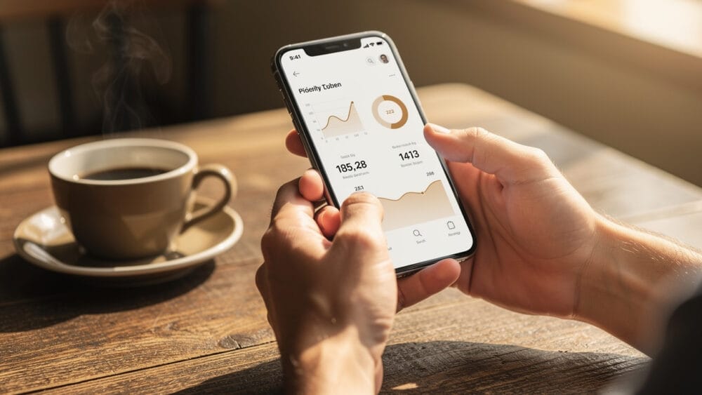 Person using a mobile app showing financial data and graphs, next to a coffee cup on a wooden table.