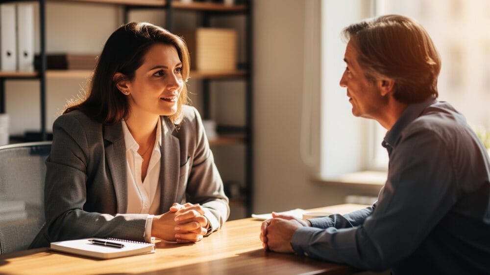 Business meeting: Woman in suit speaks with a man across a desk.