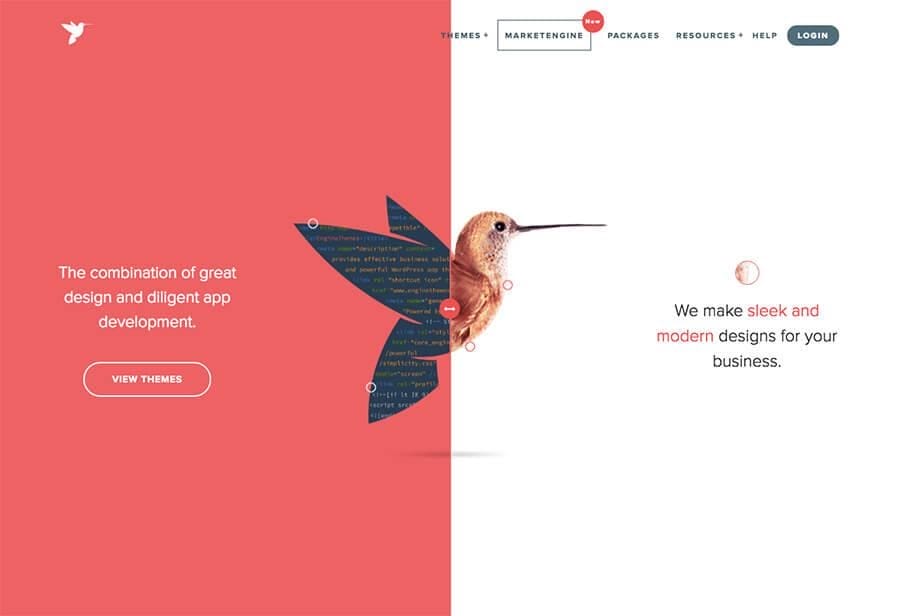 The design is split into two parts featuring a hummingbird. On the left side, there's a coral background with some text discussing design and a button labeled "View Themes." The right side has a white background with the statement, "We make sleek and modern designs for your business.