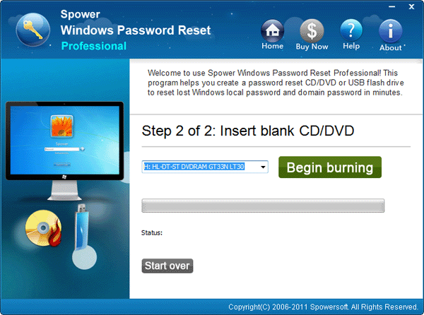 This is a screenshot of Spower Windows Password Reset Professional, a leading tool for removing Windows passwords. The screen displays step 2 out of 2: Insert blank CD/DVD, along with a dropdown menu to choose the drive and a Begin burning button. It helps users easily remove Windows passwords. There are navigation buttons at the top.