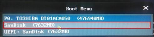 The boot menu screen shows three choices: a Toshiba hard drive with 476,940MB of space, a SanDisk drive with 7,632MB of space, and another SanDisk option using UEFI that also has 7,632MB. The SanDisk option is marked with a red border because it is commonly used by the best Windows password removal tools to help users.