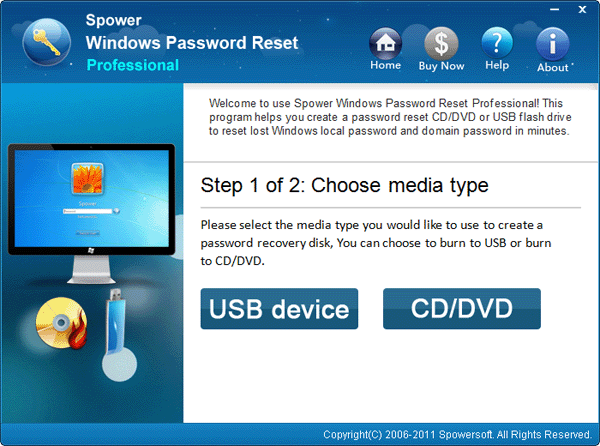 Pick one on the Windows Password Reset selection panel A screenshot of Spower Windows Password Reset Professional software, a leading tool for removing Windows passwords. It guides users to choose a media type, such as a USB stick or a CD/DVD, to make a password recovery disk. The interface includes options, icons, and an image of a monitor.