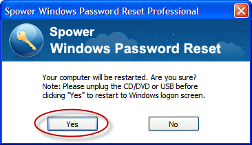 A pop-up window called Spower Windows Password Reset shows users how to safely delete their Windows passwords. It suggests disconnecting any CDs, DVDs, or USB drives before pressing Yes to restart the computer. There are two choices: Yes, which is highlighted, and No. This tool is considered one of the best for removing Windows passwords.