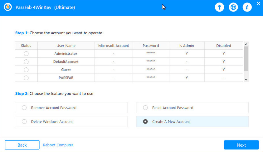 A screenshot of PassFab 4WinKey (Ultimate) software is displayed. This popular tool helps remove Windows passwords. The interface provides instructions on removing a password, deleting an account, or creating a new one. It also shows a list of user accounts for simple management.