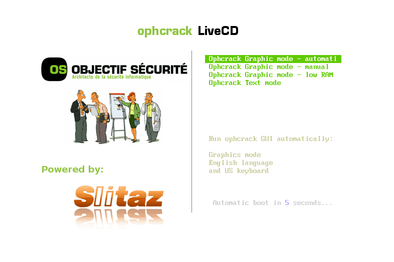 The Ophcrack LiveCD menu screen is a tool for removing Windows passwords. It gives you several options: Ophcrack Graphic Mode (which can be automatic or manual), a version for computers with low RAM, and Text Mode. Its powered by Slitaz and will automatically start after a countdown.