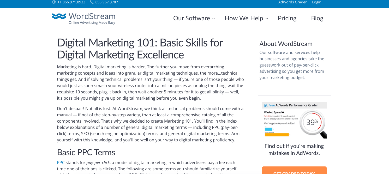 Here's a simplified version: A screenshot of a WordStream webpage called "Digital Marketing 101: Basic Skills for Digital Marketing Excellence" shows tips on marketing strategies. There is also a menu for navigation and a side panel with related articles, providing useful resources for digital marketing.