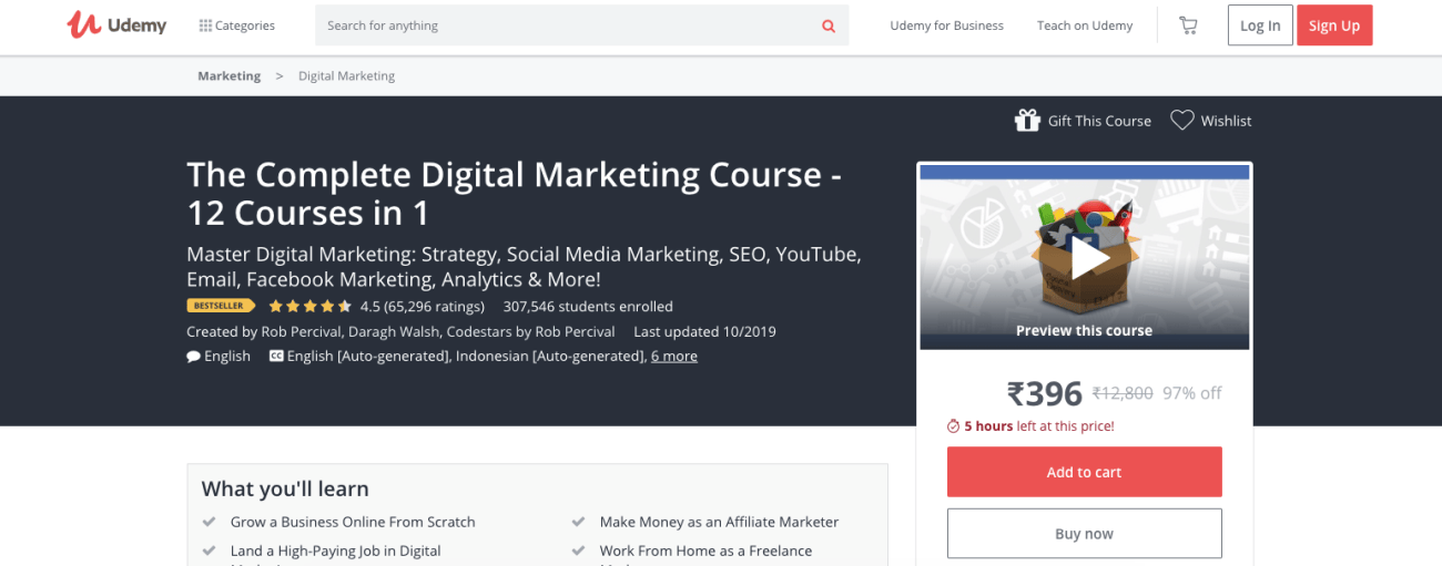 A screenshot shows a Udemy course called "The Complete Digital Marketing Course - 12 Courses in 1." It includes details about the course, ratings for the instructor, and a special discounted price of ₹396. The course provides extensive digital marketing resources, covering topics like marketing strategies and SEO.