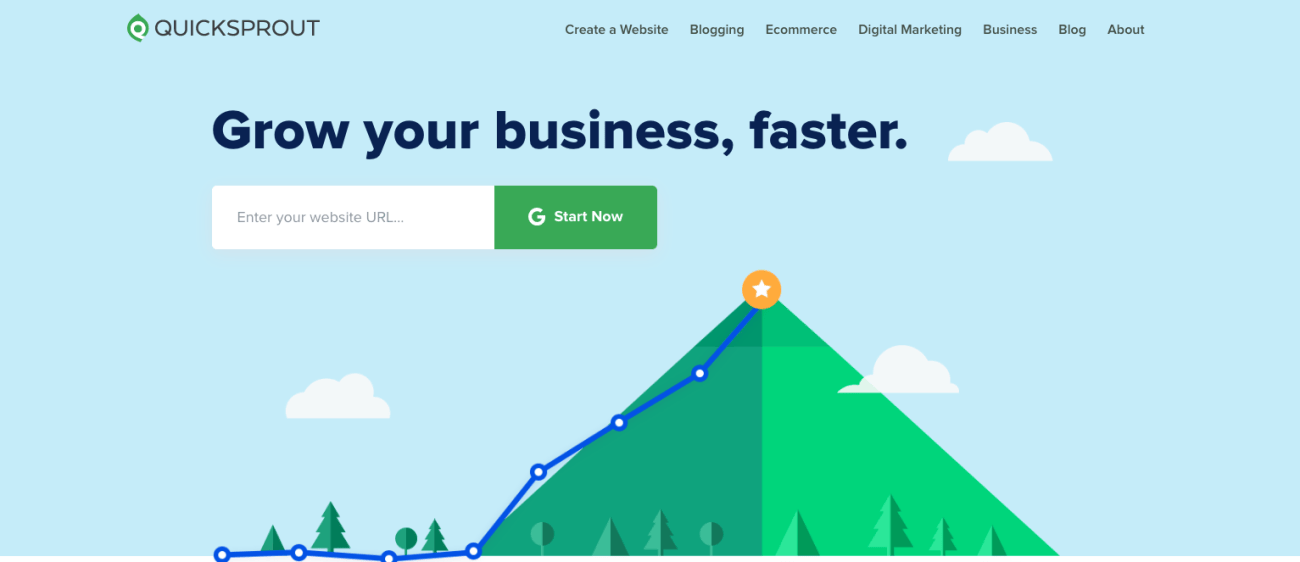 The QuickSprout homepage displays an image of a green mountain with a blue path and a star on top. It features the slogan "Grow your business, faster." There is also a search bar and a "Start Now" button for accessing digital marketing resources and website creation tools.