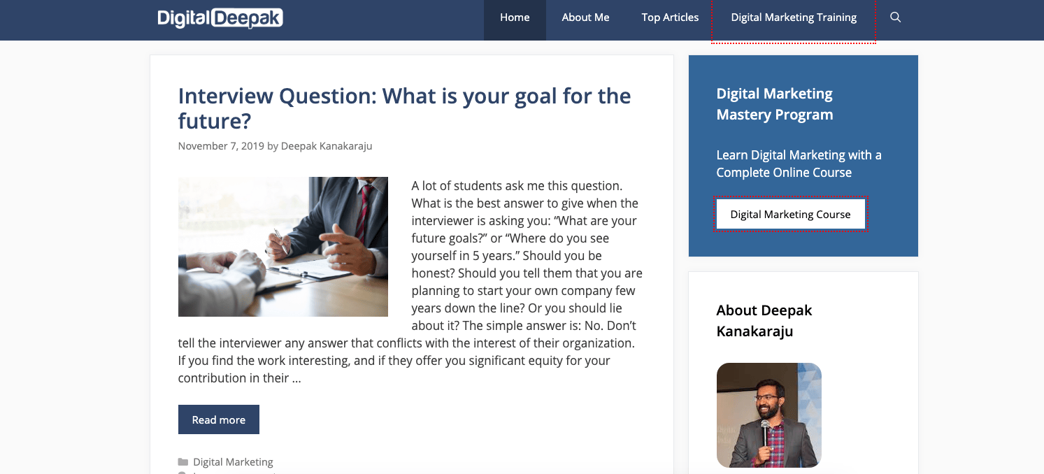 The text is about a blog post from Digital Deepak. The post is titled "Interview Question: What is your goal for the future?" and includes a picture of someone in a suit making hand gestures. It provides useful digital marketing resources. On the side, there is an ad for a Digital Marketing Course and some information about the author.