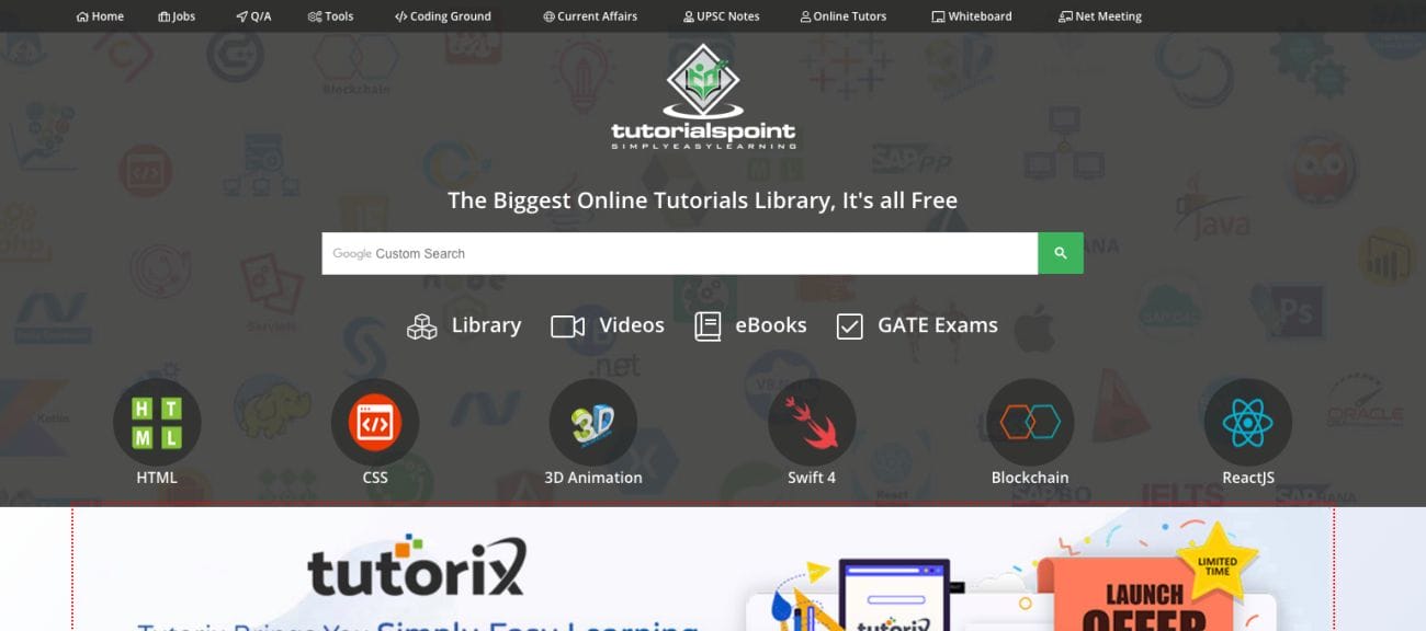 The homepage of Tutorialspoint shows a picture that includes a search bar and icons for sections like Library, Videos, eBooks, GATE Exams, and different programming languages. There's also a banner below that advertises a special offer on digital marketing resources.