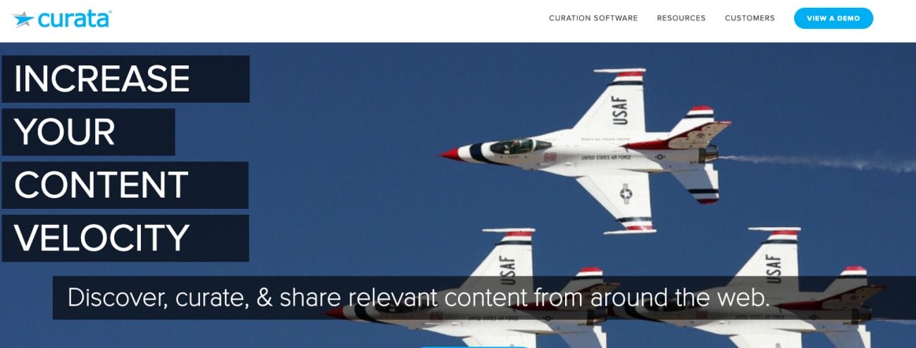 Four U.S. Air Force jets are flying close together in a clear blue sky. The text on the image says, "Boost Your Content Speed." Below, it reads, "Find, organize, and share useful digital marketing resources from across the internet.