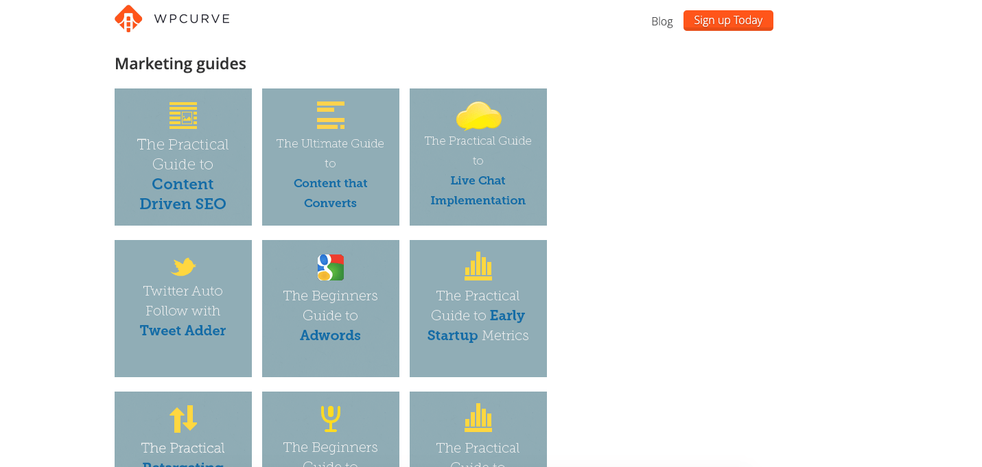 A website displays a collection of digital marketing resources with titles such as "The Practical Guide to Content Driven SEO" and "The Ultimate Guide to Content that Converts," each with colorful icons. In the upper left corner, there's a WPCURVE logo, along with options to read the blog or sign up.