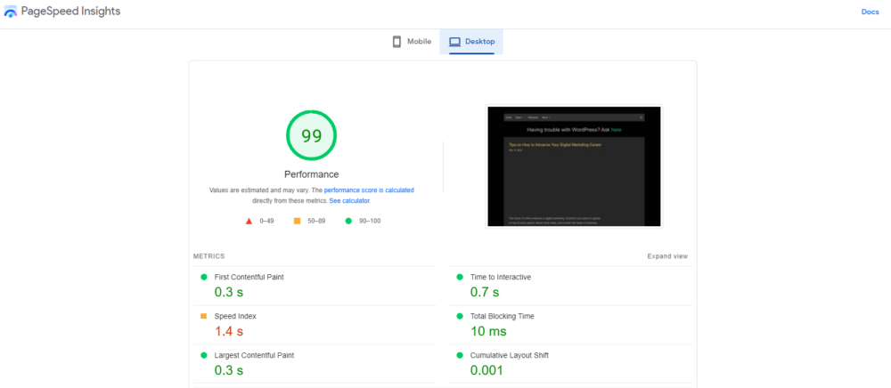 Pagespeed Insights Performance