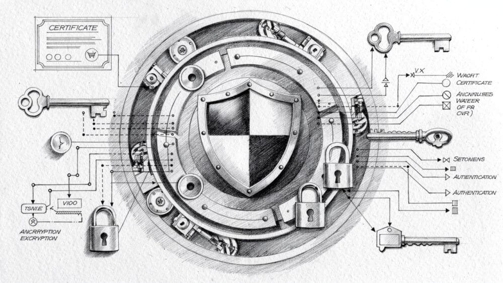 Complex security system diagram with shield, keys, lock, and certificate, representing IoT platform security for SaaS products.