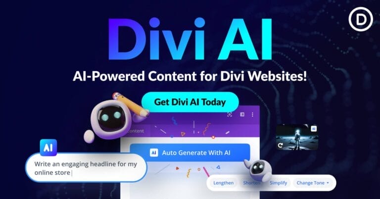 A drawing of Divi AI showcasing how it helps create content for websites. It includes a fun robot highlighting an Ad Carousel Block with different choices and a speech bubble saying Write an engaging headline for my online store. There are also buttons to create content and customize things like length and tone.