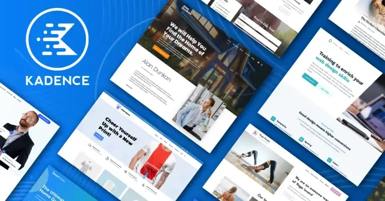 A number of website pages are shown at different angles on a blue background, highlighting different layouts and design features like an Ad Carousel Block. The Kadence logo, with a fancy K, is prominently displayed on the left. The pages contain images of people and text, designed mainly for viewing on a desktop.