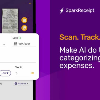 A promotional image for SparkReceipt, an app that simplifies accounting. It showcases how the app can scan, follow, and sort expenses automatically using your personal artificial intelligence.