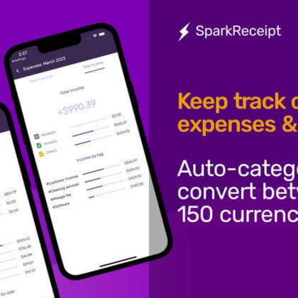 The SparkReceipt app is displayed on two phones. This app uses Personal AI and includes features such as automatically sorting your expenses and income, and converting currencies. These capabilities are particularly highlighted in the demonstration.