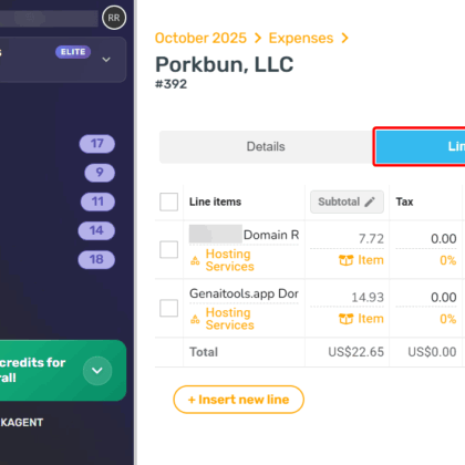 SparkReceipt dashboard shows Porkbun, LLC's October 2025 expenses with AI itemized details and totals for easy expense tracking.