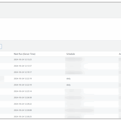 This is an image of My Cron Manager, which is a WordPress tool for managing cron jobs (automated tasks). The table in the interface shows columns for Hook, Next Run, Schedule, Arguments, and Actions. You can choose to delete or run any scheduled task. There's also a side menu that emphasizes "My Cron Manager.