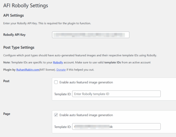 A screenshot of the AFI Robolly Settings page in WordPress displays places where you can enter the Robolly API key and template IDs to automatically create featured images. There are settings for various post types and links to more information about Robolly and donations.