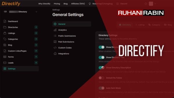 On the left side, theres an image showing the settings page of the Directify app, which includes options for analytics and public submissions. On the right side, theres a bold red overlay with the words RUHAN RABIN and DIRECTIFY.