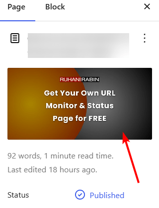 Ruhani Rabins promotional banner is advertising a free service for tracking URLs and creating status pages. It works smoothly with the Robolly API. The banner features a gradient background that goes from orange to dark gray, has bold white text, and includes an arrow pointing to the banner on the webpage.
