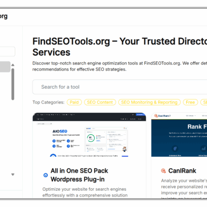 A screenshot of the homepage of FindSEOTools.org shows categories listed on the left side and a detailed description on the right. The main part highlights popular SEO services and tools like AiOSEO Data and CanIRank, along with a part dedicated to reviews from Directify.
