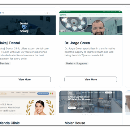 The webpage has a complete list of healthcare providers, organized with categories on the left side. You can check out profiles for Nakeji Dental, Dr. Jorge Green, Dr. Victor Sanchez, and Dianda Clinic. Each profile includes pictures and their specialties, making it feel like reading a Directify review to help you with your healthcare needs.