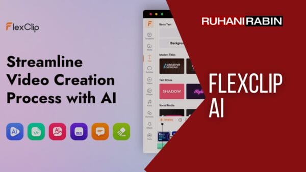 The promotional image for FlexClip AI shows part of the app's smartphone screen. The text says: "Make Video Creation Easier with FlexClip AI." Below the text, there are icons for AI, templates, music, and text.