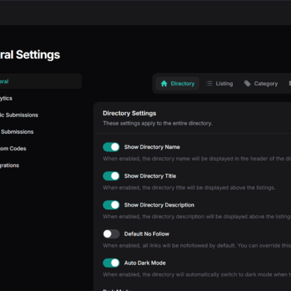 This is a screenshot of the Directify apps General Settings screen. The background is dark, and there are switches to turn options on or off, like showing the directory name, title, description, and turning on auto dark mode. A cursor is pointing at the Directory tab as part of a detailed review of Directify.