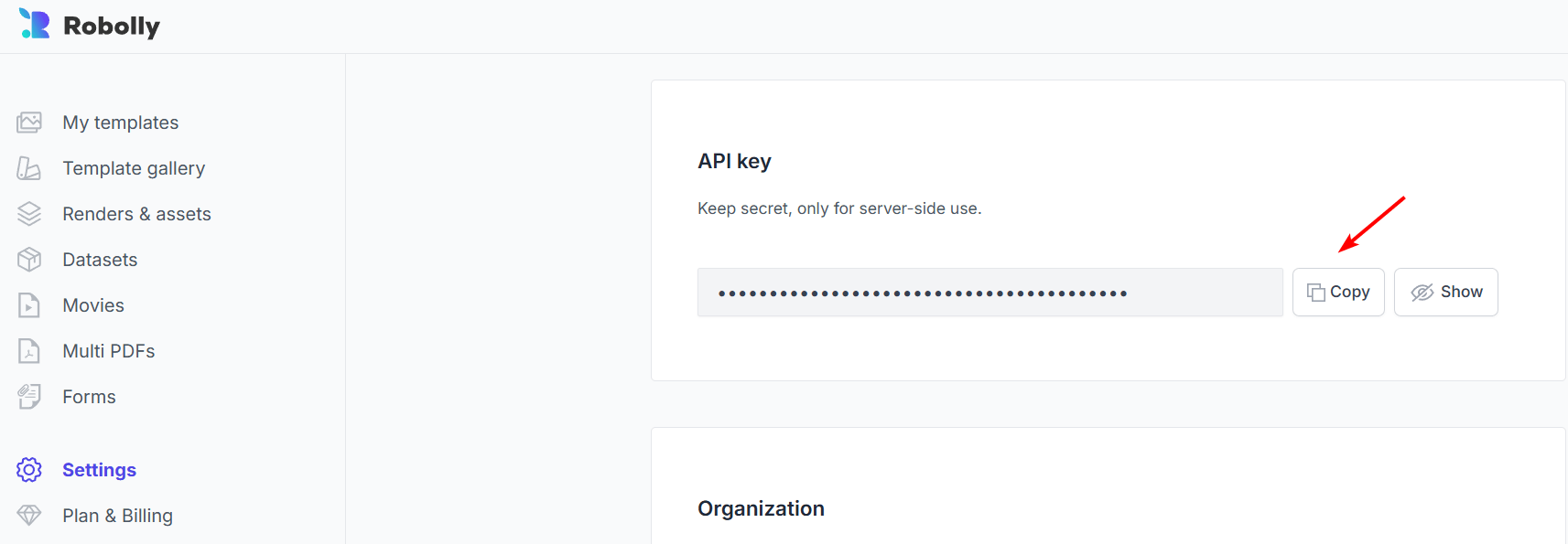A screenshot shows a software screen where you can see a hidden API key for the Robolly API, with buttons to either copy or view it. The heading says API key. A red arrow points to the Copy button, making it easier to manage different post types.