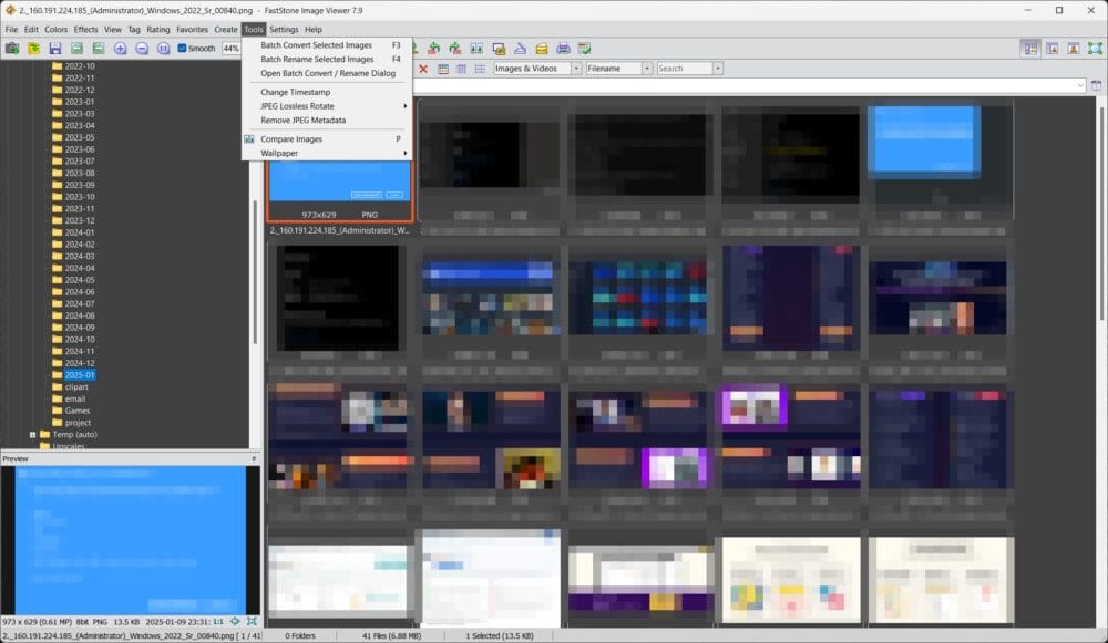 A computer screen shows a program where you can manage pictures, with lots of small image previews. The screen has menus, a toolbar, and different choices for editing or sorting the pictures. The previews are a mix of blurry images.