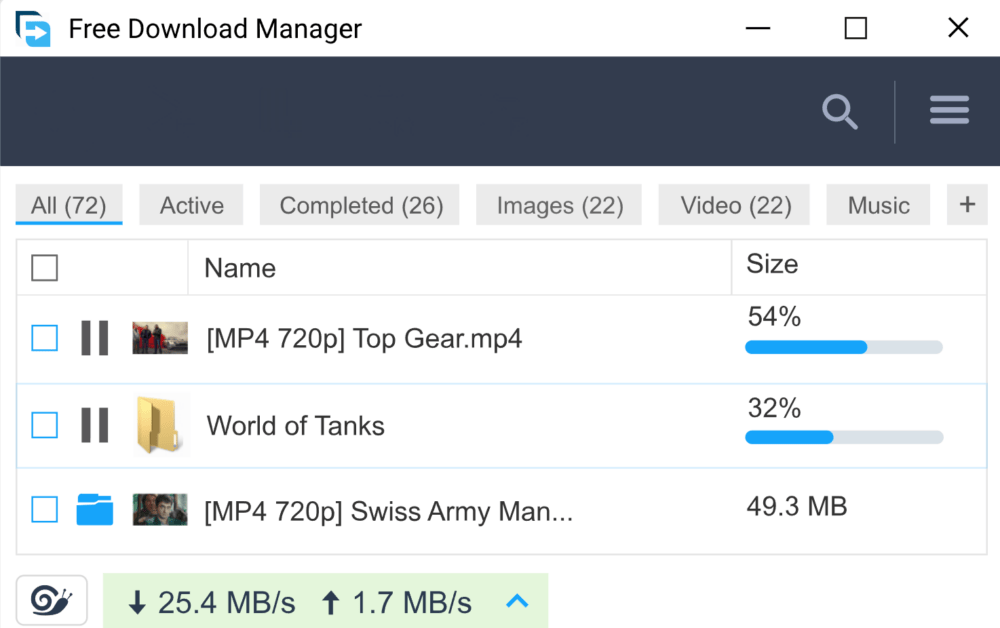 The Free Download Manager screen shows a list of downloads. Top Gear.mp4 is 54% done, World of Tanks is 32% done, and Swiss Army Man.mp4 has downloaded 49.3 MB. The download speeds are 25.4 MB/s and 1.7 MB/s for the different files.