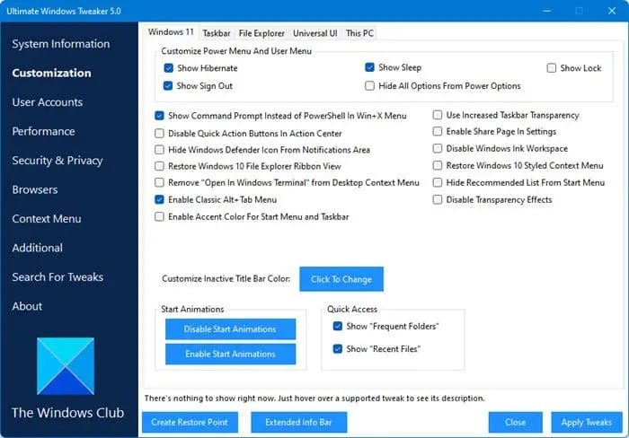 A settings window from Ultimate Windows Tweaker 5.0 for customizing Windows 11. You can adjust the taskbar, turn animations on or off, change transparency effects, and alter accent colors. There are also buttons to save or apply your changes.