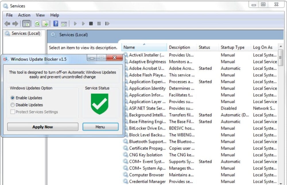 A screenshot shows the Windows Services Manager with a list of services. Theres also an open Windows Update Blocker v1.5 window that lets you choose to enable, disable, or protect updates. It shows the status of these updates with a green checkmark to indicate theyre enabled or working properly.