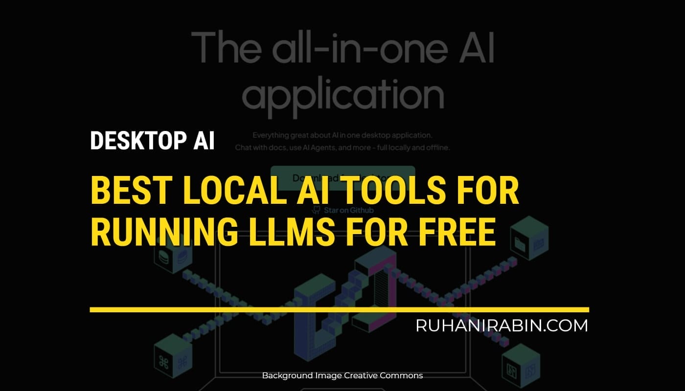 A stylized graphic showcases the message Desktop AI: Best Local AI Tools for Running LLMs for Free against a dark backdrop with geometric patterns. The website name ruhanirabin.com is also shown.