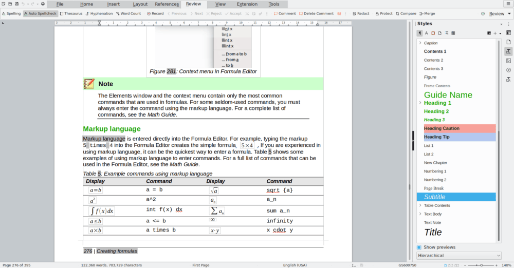 A screenshot of a LibreOffice text editor is visible, showing a document. It includes a note, examples of commands in markup language, and a styles menu. This document explains how to create formulas using specific syntax, how to display the results, and what commands to use.