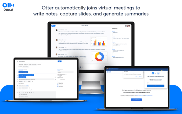 A promotional image for Otter.ai shows three screens: one with notes from a virtual meeting on a laptop, another with a meeting summary and chart on a desktop, and the third displaying its integration with Zoom on another laptop. The text says, The Otter.ai Chrome Extension automatically joins virtual meetings to take notes, capture slides, and create summaries.