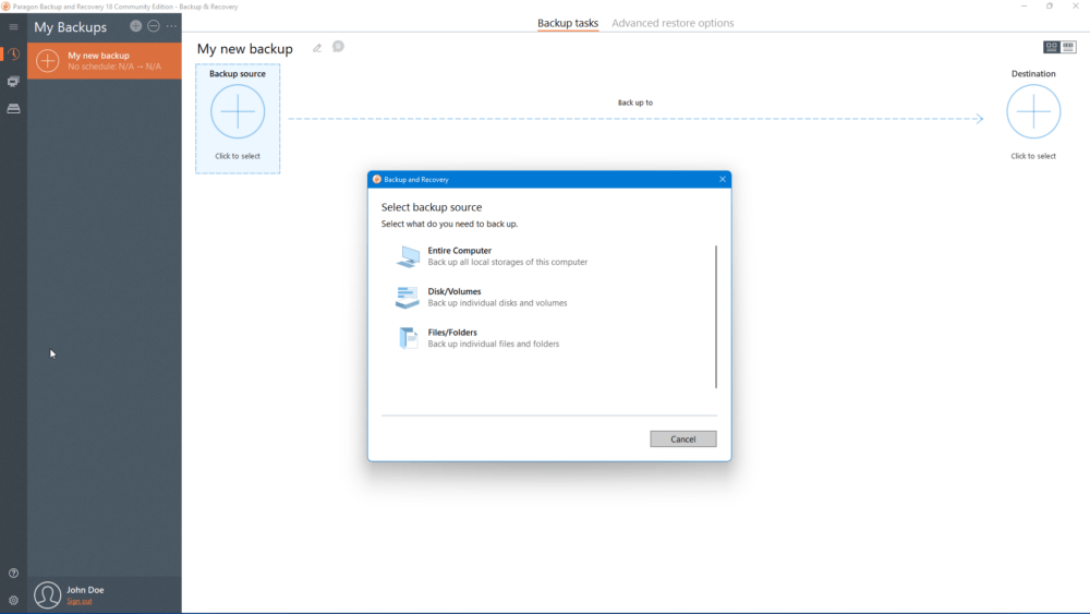 The image shows the Paragon Backup & Recovery screen. Theres a pop-up box called Select backup source, with choices like Entire Computer, Disks/Volumes, and Files/Folders. On the left side, theres a section labeled My Backups where you can add a new backup or make changes to an existing one.