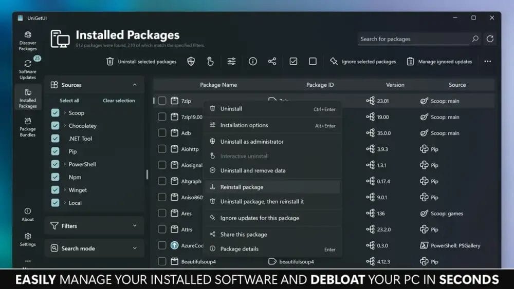 UniGetUI interface showing installed packages for Windows 11. Manage software and debloat in seconds.