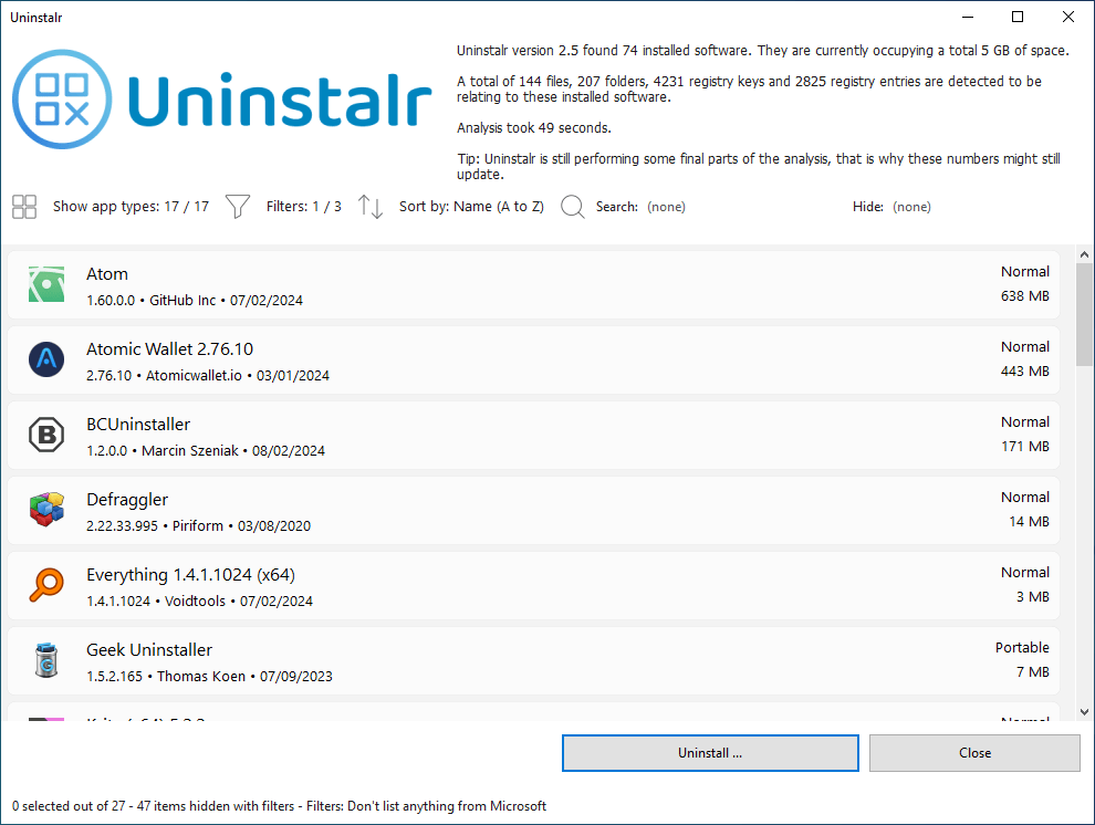 A screenshot of the Uninstalr software shows a list of installed programs, including information like their names, versions, publishers, and sizes. At the bottom, there are options to uninstall programs or close the software. Theres also a status bar that shows which programs youve selected.