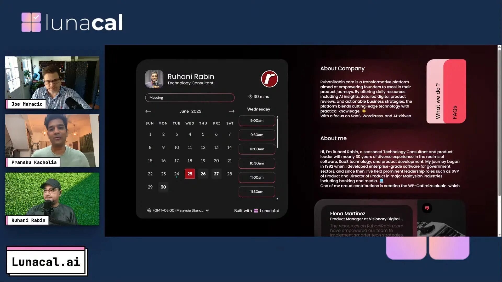 A screen shows a calendar for June 2025 where you can pick time slots. It also shows interview details for Ruhani Rabin, along with information about the company and the individual. Photos of Pranshu and two team members are on the left side. The Lunacal.ai logo is displayed at the bottom.