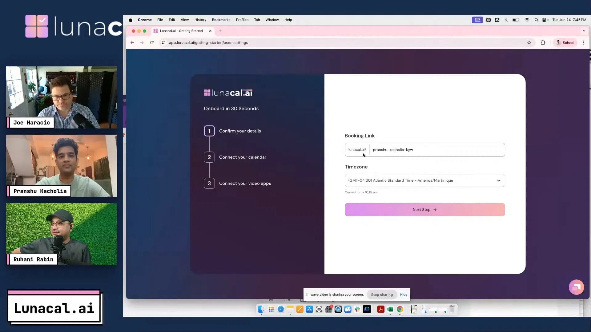 A live screen sharing session shows the LunaCalAI website, where there’s a form to schedule a meeting. On the left side, you can see two people in video call windows; one of them is named Pranshu. The website also has spaces where you can enter a booking link and choose the meeting location.