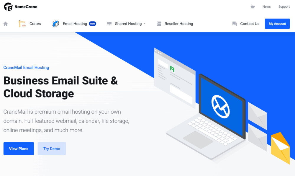 A screenshot of the NameCrane website’s main page. It shows an ad for CraneMail Email Hosting, a popular alternative to Gmail. There is a menu for navigation, a blue Try Demo button, and a picture of a laptop and mail icon.