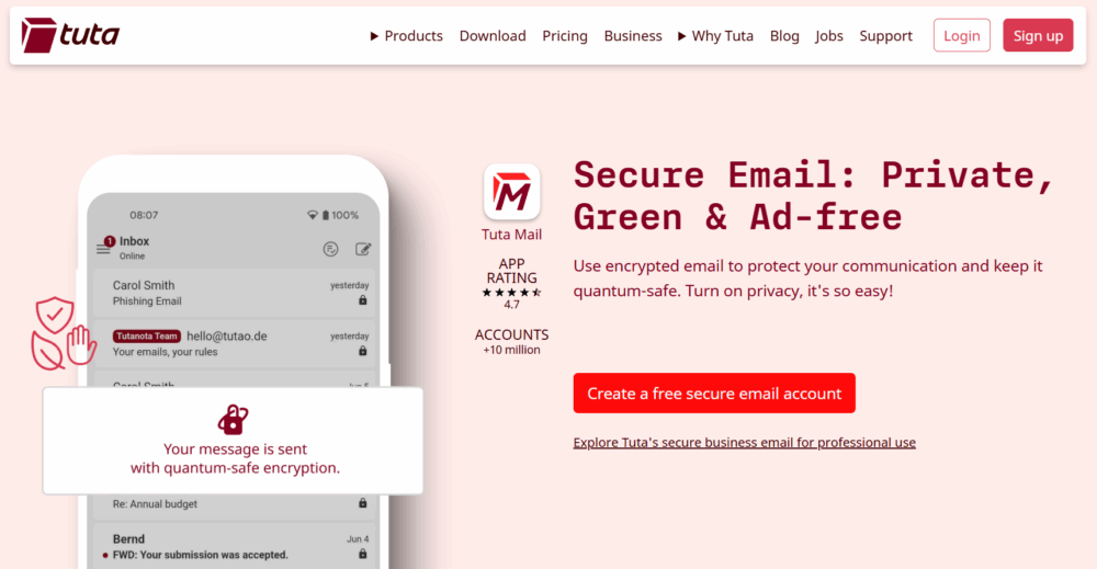 A screenshot of the Tuta Mail website shows a phone displaying a locked email. The text says Tuta offers secure, private email without ads, using strong encryption that protects against future threats. It explains why Tuta is a good choice instead of Gmail, with simple sign-up and options for business emails.